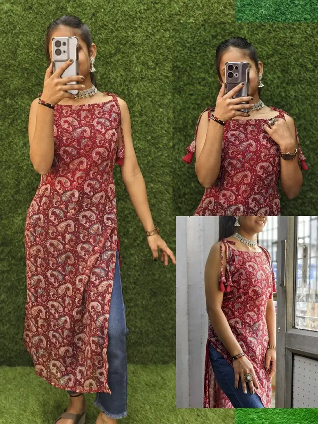 Side Cut Georgette Kurti for Women (Maroon, XS)