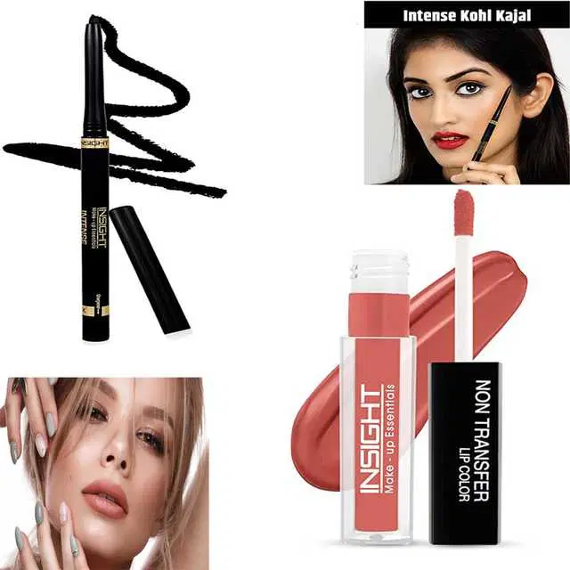 Insight Non Transfer Waterproof Smudgeproof Long Wear Nude Lip Color & 24 Hr Waterproof No Smudge 4X Intense Black Kohl Kajal, IS-04