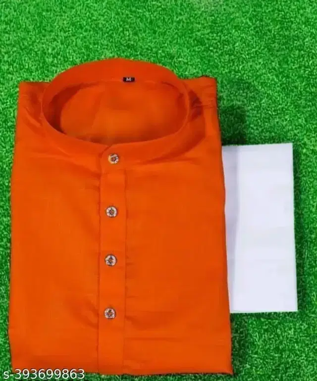 Cotton Solid Kurta with Pyjama for Men (Orange & White, XL)
