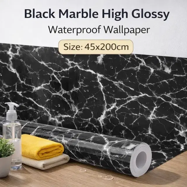 Black Marble High Glossy  WaterProof , Stain Resistance Wallpaper (45*200 cm)