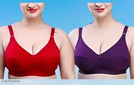 Cotton Padded Bra for Women, Pack of 2 (Red, S)
