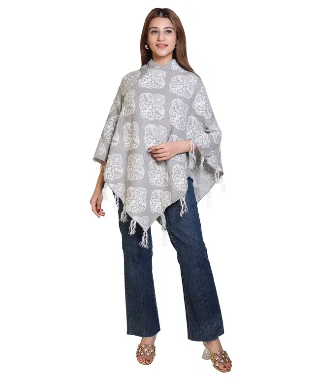 Woolen Self-Design Ponchos for Women (Grey, XL)