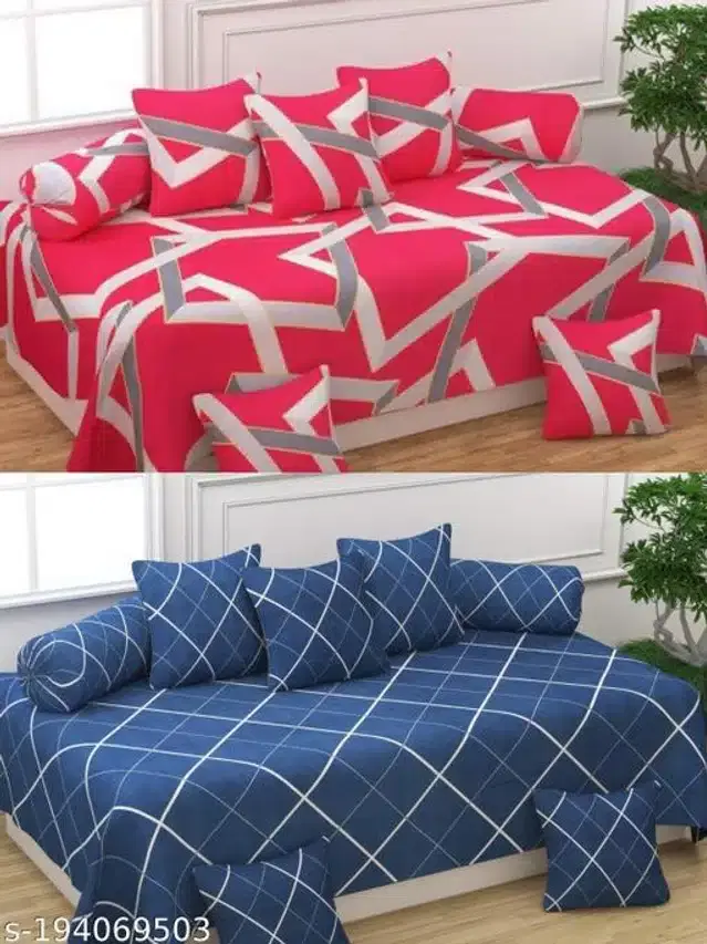 Polycotton Diwan Cover Set, Red & Blue, Combo of 2