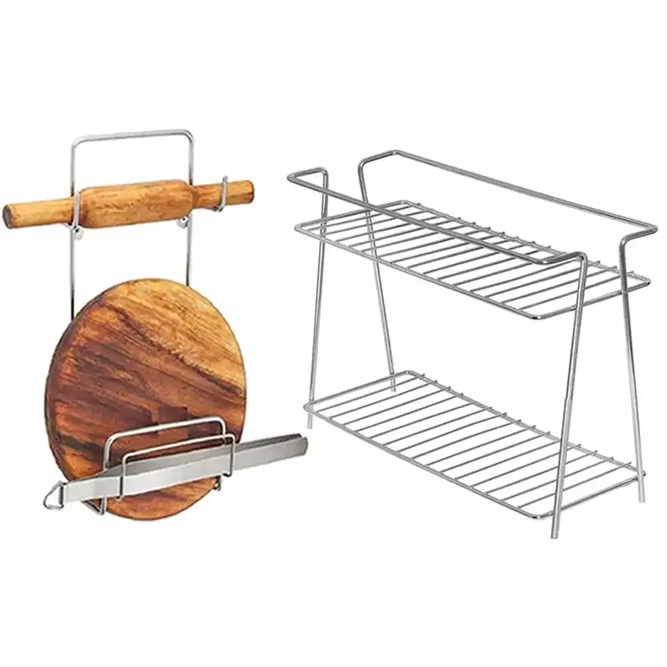 Oc9 Stainless Steel Spice Rack 2 Shelf & Chakla Belan Stand For Kitchen