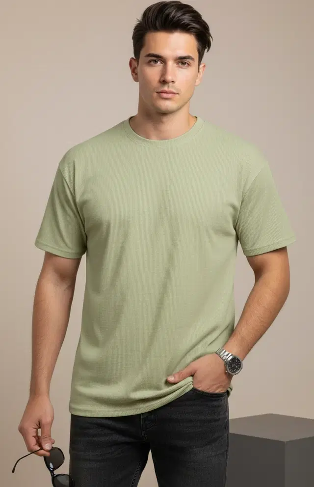 Polyester Round Neck T-shirt for Men, Green (M)