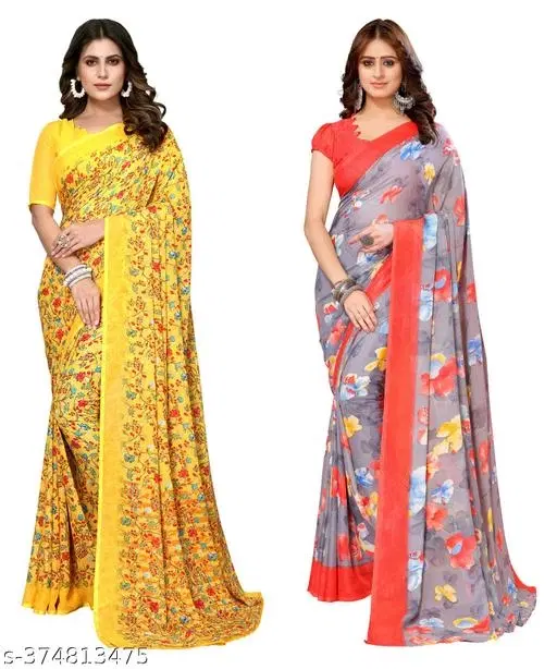 Georgette Saree for Women, Pack of 2 (Yellow, Free Size)