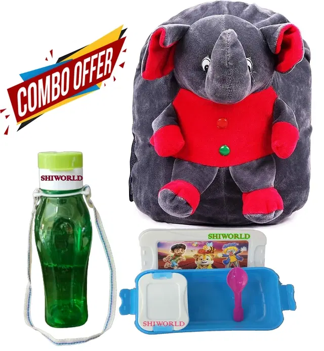 Combo of Fabric School Bag, Water Bottle with Lunch Box for Kids, Multicolor, Set of 3