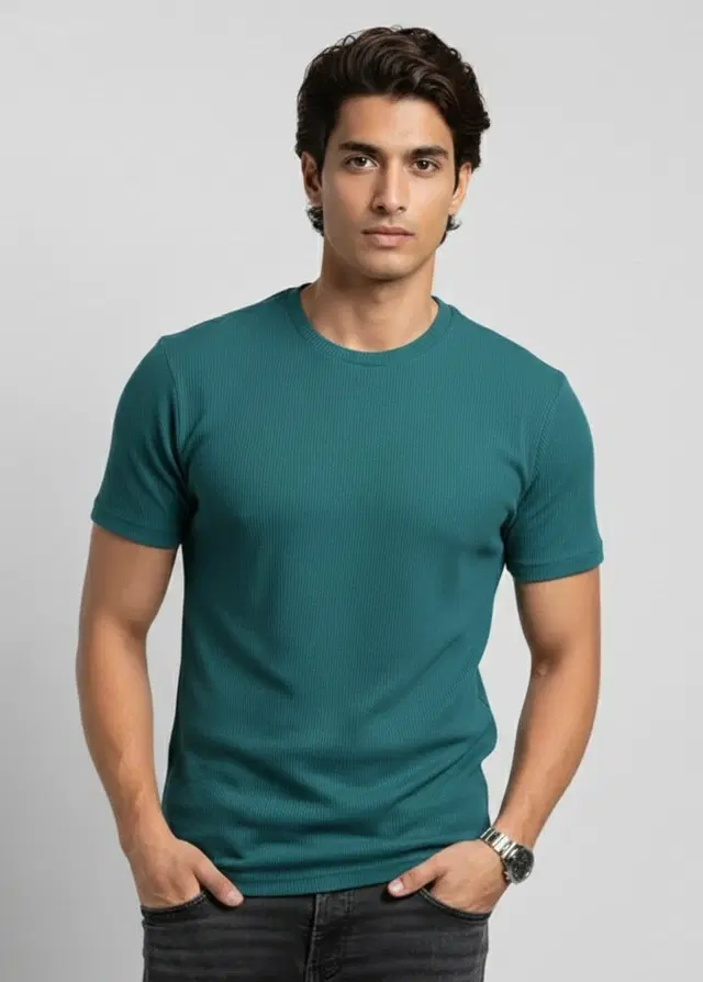 Polyester Round Neck T-shirt for Men, Teal (M)