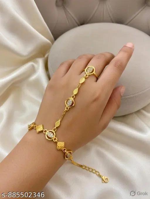 Bracelet with Ring for Women (Gold, Free Size)