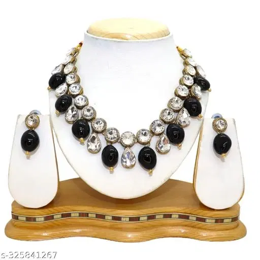 Antique Beads And Kundan Work Jewellery Set, Black