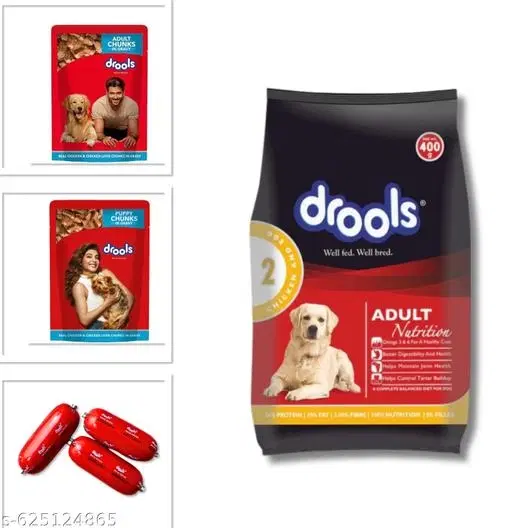 Drools Adult 400gm + Drools Sausages 65gm (3) + Drools Adult Gravy 150gm + Drools Puppy Gravy 150gm (Pack of 6)__100% Premium Food.
