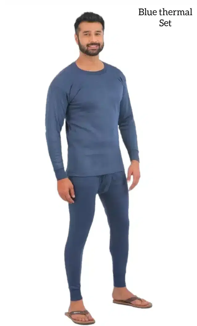 Cotton Blend Solid Thermal Set for Men (Dark Blue, S)
