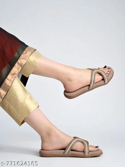 Shoetopia Embellished Flat Sandals (Brown, IND-4)