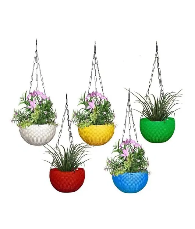 Plastic Hanging Pot for Indoor & Outdoor, Multicolor, 8 Inch, Pack of 5