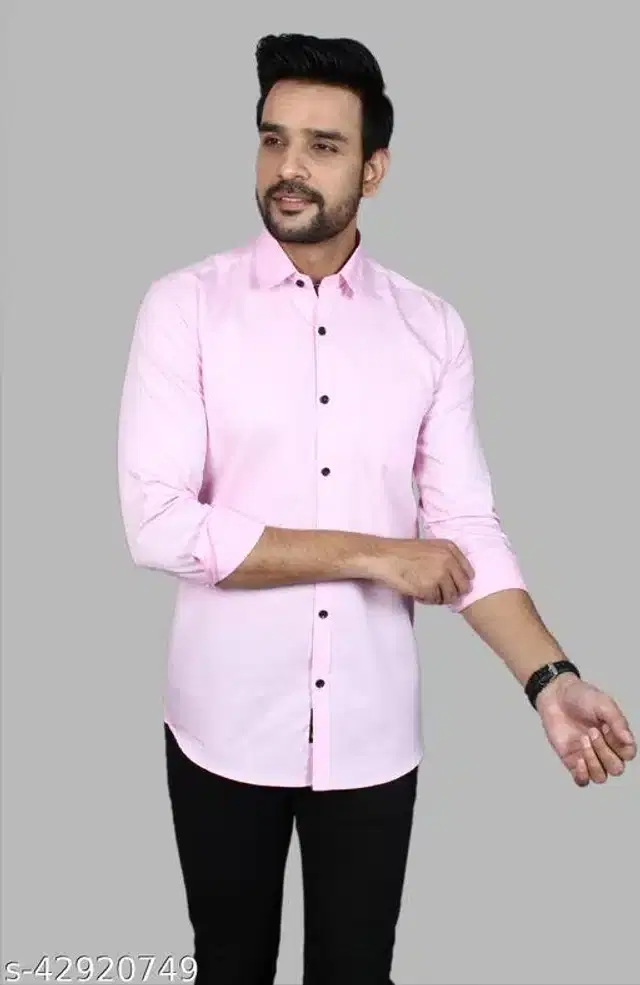 Cotton Blend Full Sleeves Shirt for Men (Light Pink, L)
