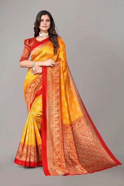 Yashika Women Art Silk Casual Saree With Unstitched Blouse (Mustard, 5.2 M) (Yash-63)