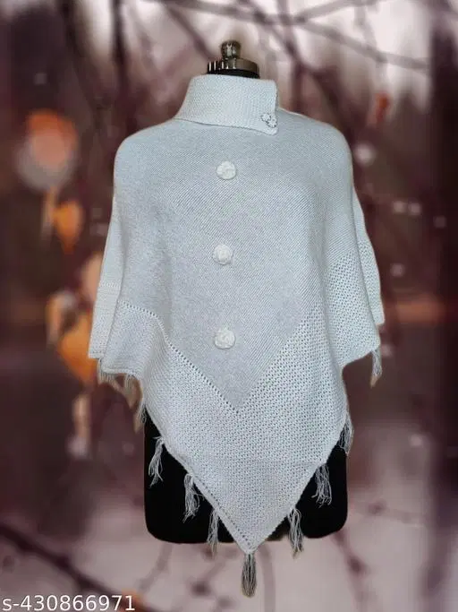 Woolen Poncho for Women (White, Free Size)