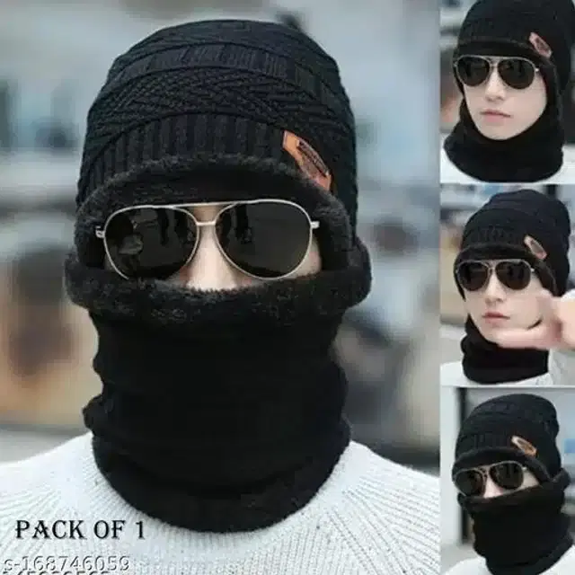Woolen Beanie Cap with Neck Scarf for Men & Women, Set of 1 (Black)