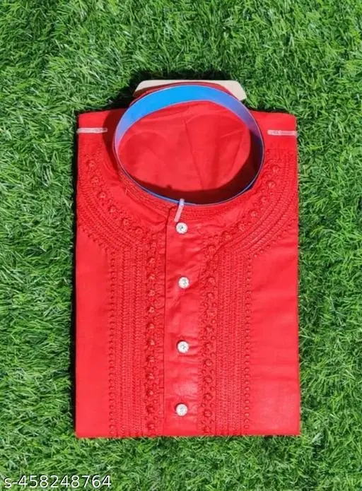 Cotton Solid Kurta for Men, Red (M)