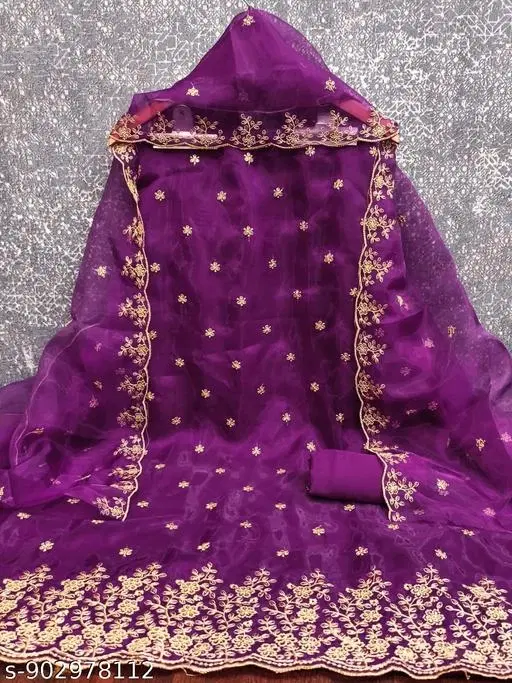 Organza Embroidered Patiala Suits for Women (Purple, Un Stitched)