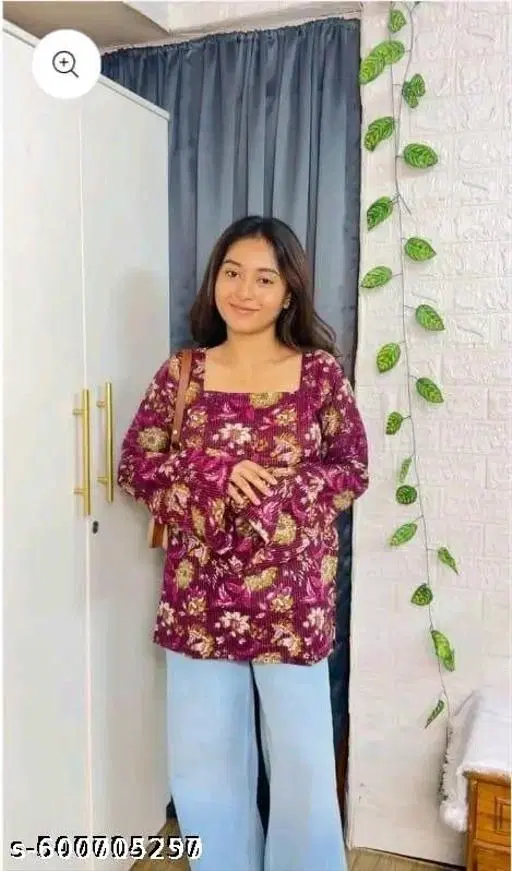 Rayon Printed Short Kurti for Women, Maroon (L)