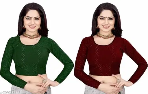 Lycra Ready Made Blouse for Women, Green & Maroon, Pack of 2 (26)
