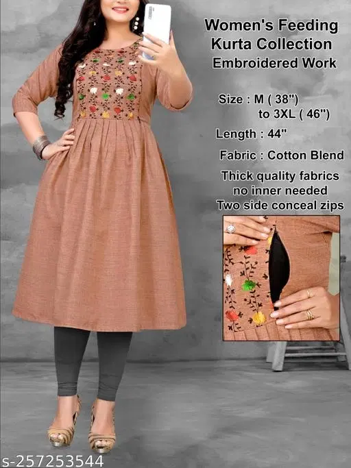 Floral Embroidered Maternity Kurti Set (Brown, M)