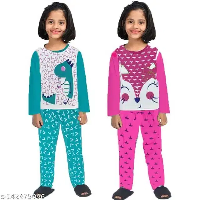 Cotton Nightsuit Set for Girls, Set of 2 (Multicolor, 1-2 Years)