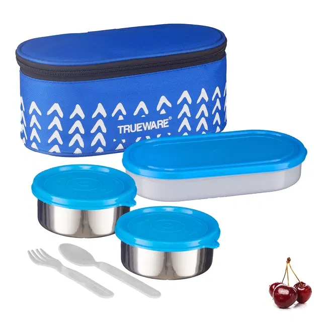 Trueware Elite Stainless Steel 3 Containers Lunch Box, 2x300 ml, 1x500 ml with, 2 Pcs Spoons & Bag, Blue, Set of 1