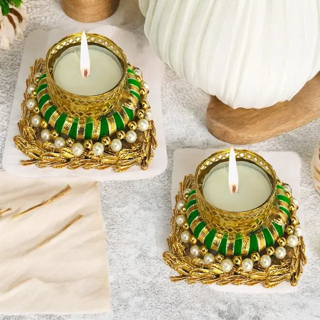 Metal Designer Tealight Candle Holder, Green, 9.5x9.5x4 cm, Pack of 2