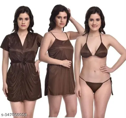 Satin Solid Babydoll for Women, Brown (S)
