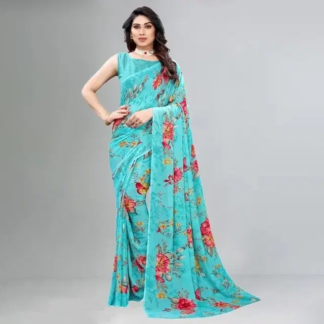 Georgette Floral Print Saree for Women, Blue