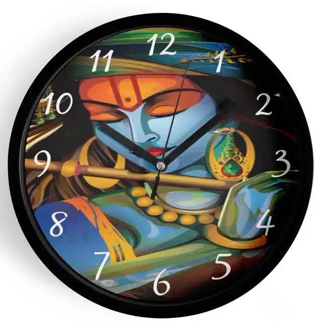Analog Lord Krishna Wall Clock for Home, Black, 7 Inches