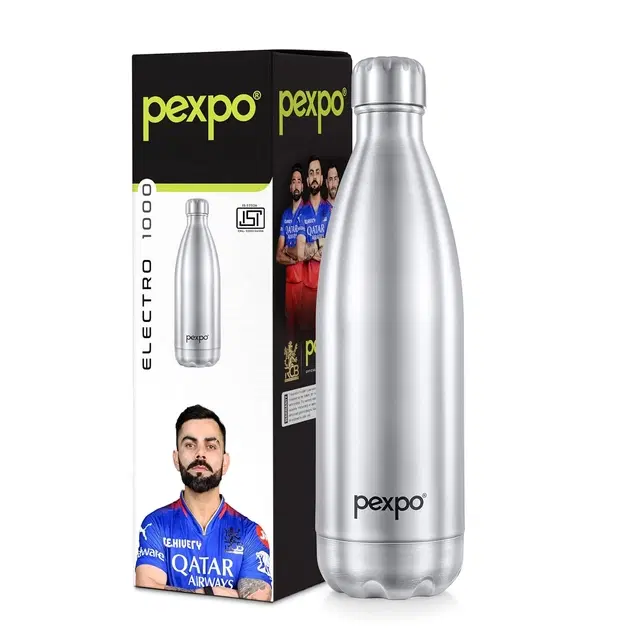 PEXPO Electro 1000 Stainless Steel Sports/Fridge Water Bottle with Sipper Cap - 980ml BPA Free - Silver