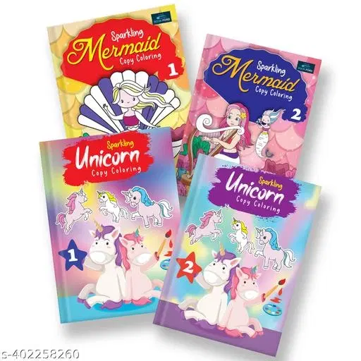 Sparkling Copy Coloring Book For Kids ( Set of 4 ) - Unicorn and Mermaid I Fun, Educational, Colorful Imagery, Engaging Activities, Drawing Books For Kids. Suitable For All Age Groups