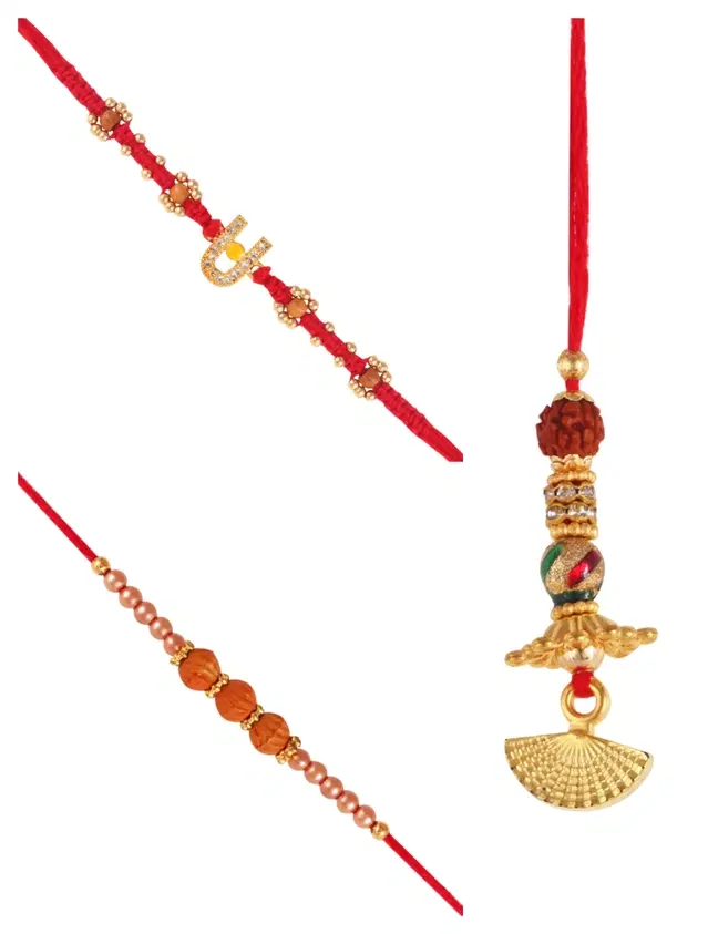 Designer Rakhi with Pearls Lumba for Rakshabandhan, Multicolor, Pack of 3