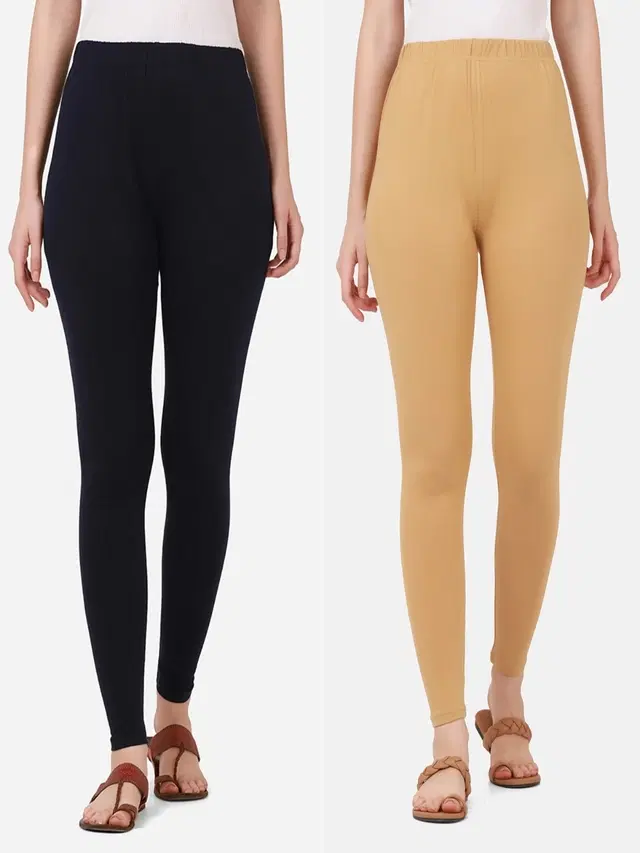 Cotton Solid Leggings for Women, Pack of 2 (Navy Blue & Beige, M)
