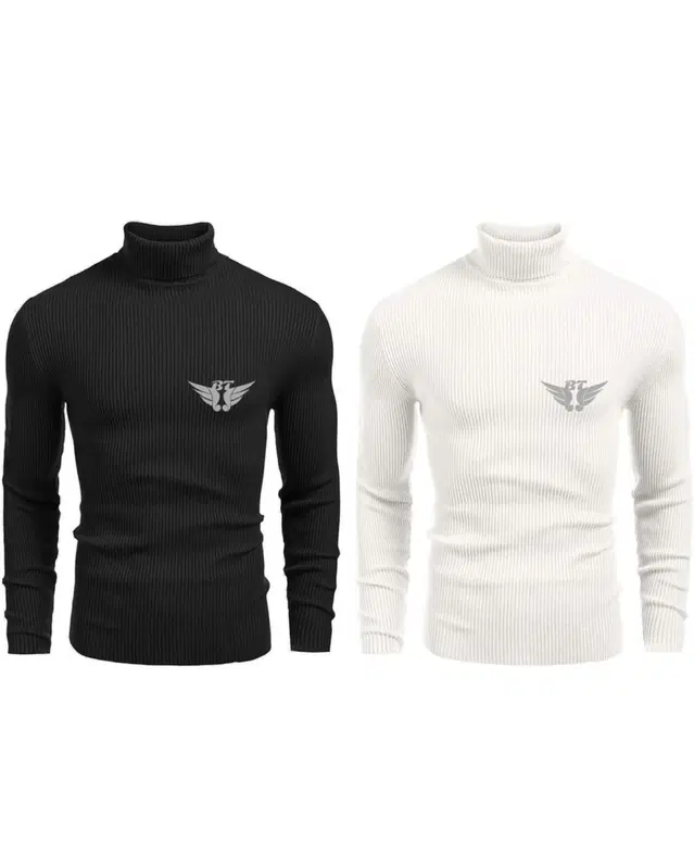 Fleece Solid Hi-Neck Sweater for Men, Black & White, Pack of 2 (L)