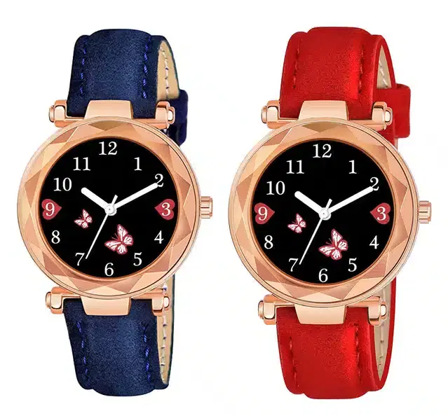 Designer Leather Analog Watch for Women & Girls, Pack of 2 (Blue & Red)