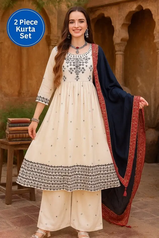 Viscose Rayon Embroidered Anarkali Women's Kurta with Pant & Dupatta Set, Cream (L)