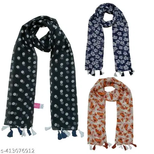 Poly Chiffon Printed Scarves for Women, Pack of 3 (Multicolor, 1.75 m)