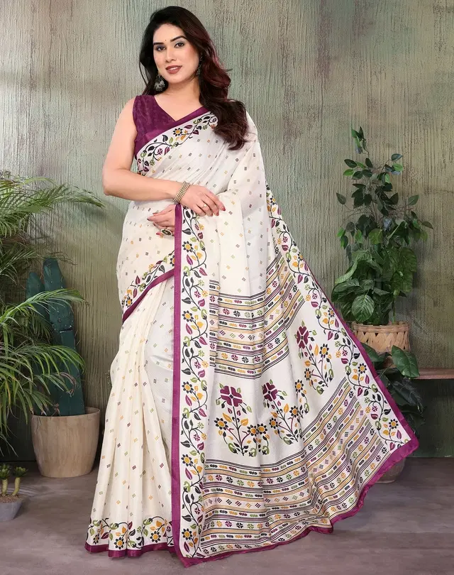 Art Silk Saree for Women, Kalamkari (Purple, Free Size)