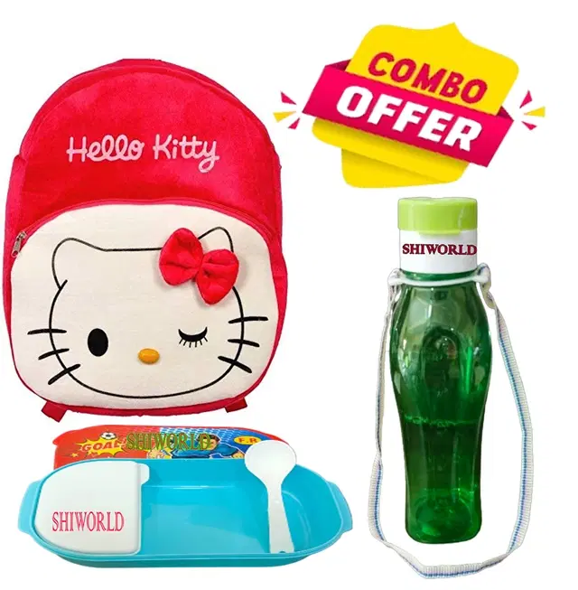 Combo of Fabric School Bag, Water Bottle with Lunch Box for Kids, Multicolor, Set of 3