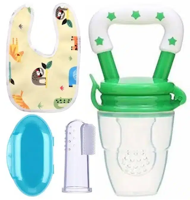 Silicone Fruit Feeder with Finger Brush & Bib for Kids, Multicolor, Set of 3