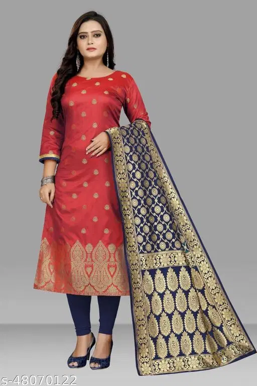 Silk Printed Kurti with Dupatta for Women (Red & Navy Blue, XL)