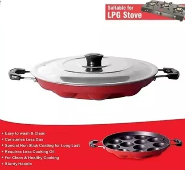 ZODEX 12 Cavities Non Stick Appam Patra with Lid and Side Handle, Multicolor, 21 cm