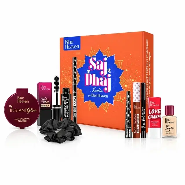 Blue Heaven Saj Dhaj Festive Makeup Kit For Women | Full Face Makeup Kit Combo Set | Natural Medium Tone | Pack Of 10, 19 g + 26.3 ml