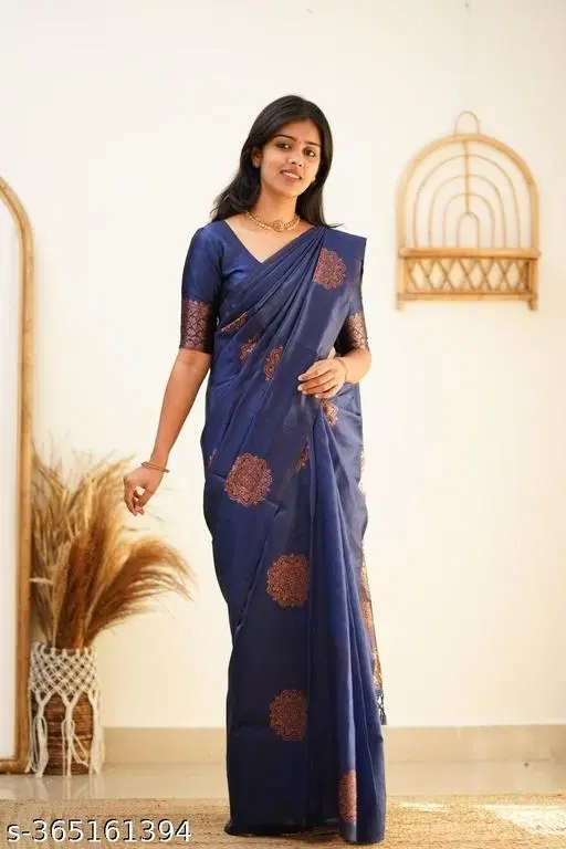 Aura Silk Saree for Women (Navy Blue, Free Size)
