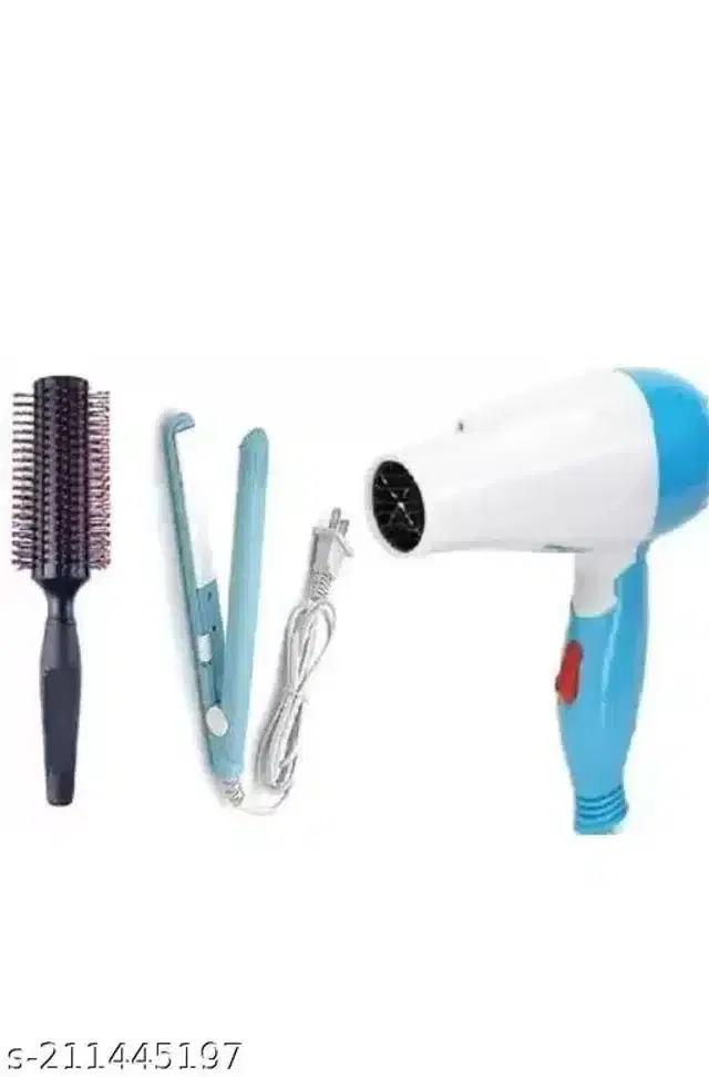 Combo of Hair Straightener with Comb & Hair Dryer for Women, Blue, Pack of 3