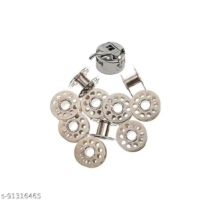 Metal Bobbins, 10 Pcs for Sewing Machine with 1 Pc Bobbin Case, Silver, Set of 2